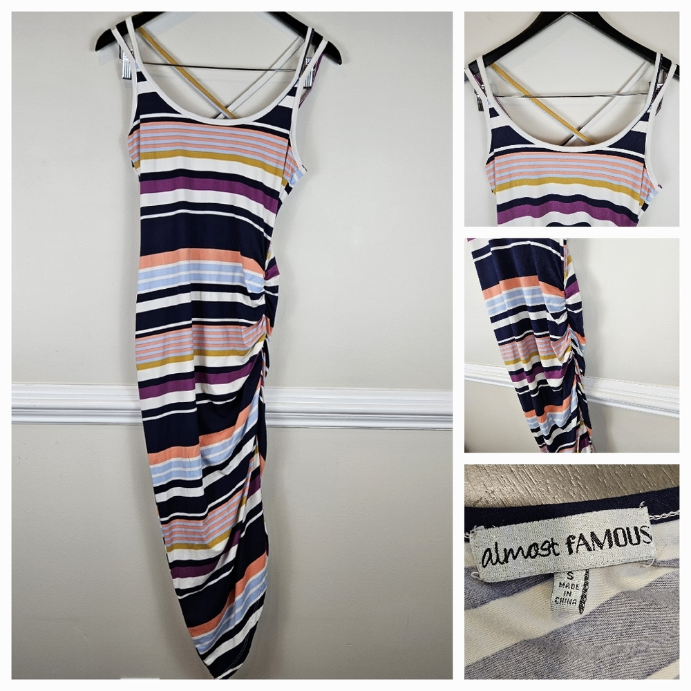 Almost Famous Ruched Maxi Dress Strappy Size Small Stripe Crossback A0503